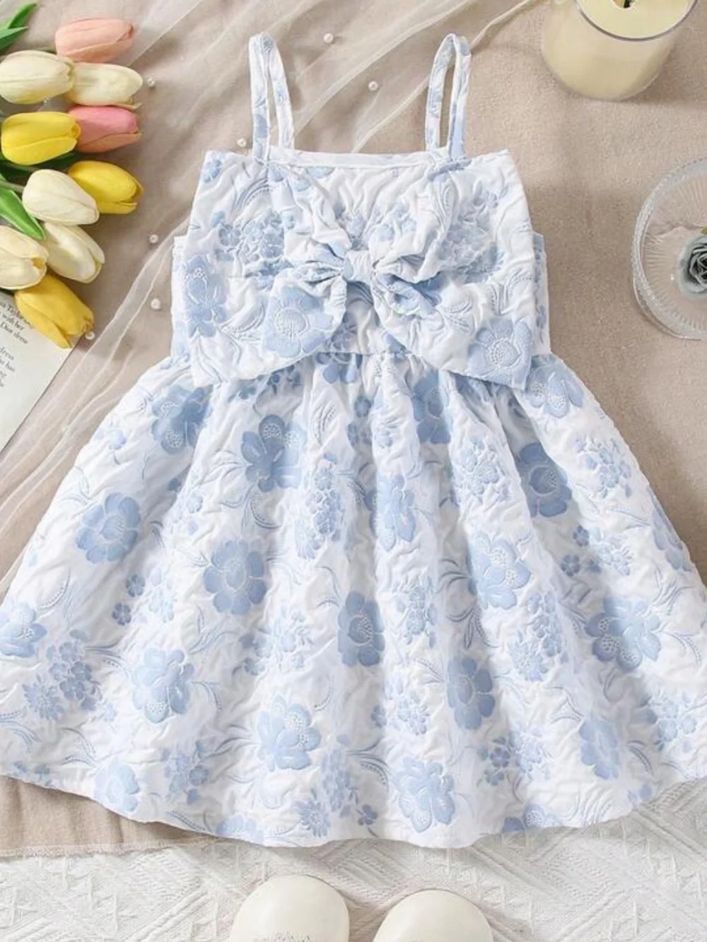 NWT Blue & White Floral Jacquard Bow Dress Toddler Girl 2T–3T Tea Party Dress